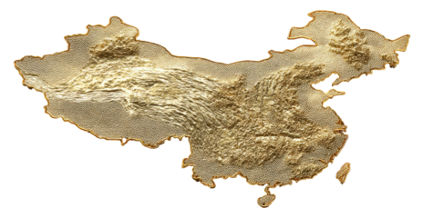 Relief map of China.  Beige textured map outlines China's shape, displaying landform variations.  Mountains and valleys are subtly depicted.  Dark background