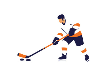 Obraz premium Hockey player with stick poised to hit two pucks on a white surface