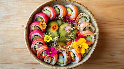 Exquisite gourmet sushi rolls with fresh salmon tuna avocado and vibrant edible flowers for artful presentation rustic bowl light wooden table Japanese cuisine concept