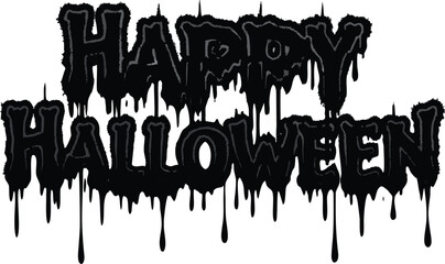 Vector art of happy Halloween text with dripping effect, resembling melted or bloody letters isolated on white background.