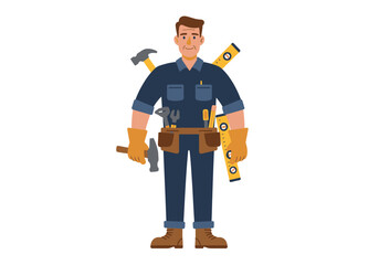 Tradesman in navy uniform brown shoes and gloves with a hammer levels and tools
