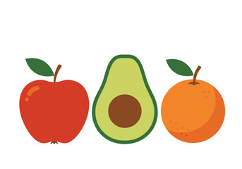 Three cartoon fruits a red apple green avocado and orange each with stem and leaf details aligned in a row