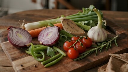 Fresh vegetables arranged on a wooden cutting board, including onions, tomatoes, garlic, and herbs.