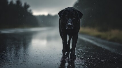 Lonely stray dog walking on a wet road in rainy weather.