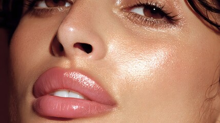 Fototapeta premium Close-up view of a woman's face with radiant, shimmering makeup, showcasing a soft, luminous glow and a delicate pink lip color.