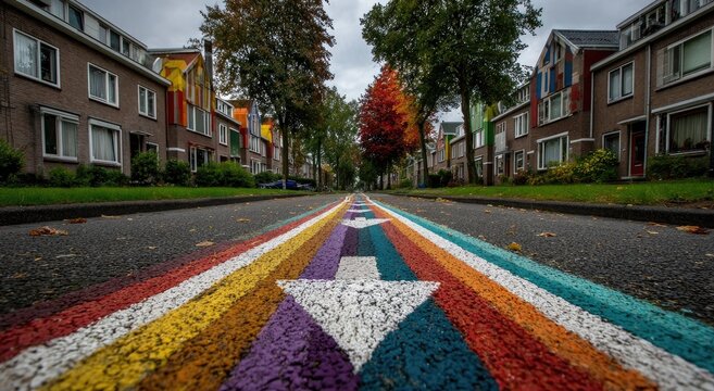 Colorful street art arrows on a paved road, lined by houses