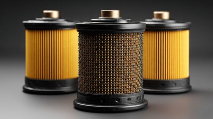 Three cylinder-shaped oil filters, yellow and black, on dark gray surface