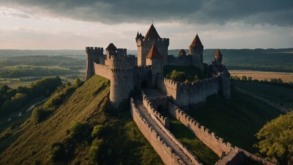 Ancient Castle on Hilltop at Sunset