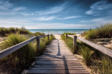 Fototapeta premium A wooden boardwalk leading to a sandy beach on a sunny day.