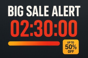 BIG SALE ALERT with up to 50% OFF discount timer banner, vibrant modern style, urgent retail promotion offer.