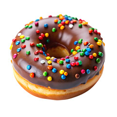 Delicious chocolate frosted donut with colorful rainbow sprinkles isolated studio shot transparent background