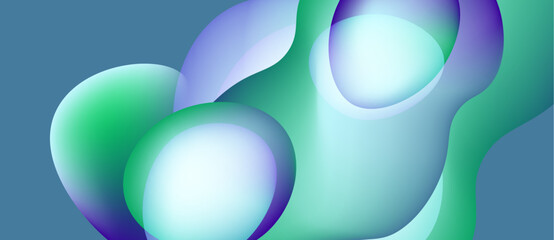 Abstract fluid shapes overlap, creating soft gradients. Blues, greens, purples blend seamlessly. Minimalist design evokes calm atmosphere.