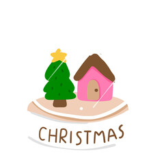 Cute Christmas Tree and House Illustration, Kawaii Holiday Scene Clipart, Cozy Winter Festive Art, Hand Drawn Whimsical Seasonal Element PNG