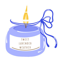 Lavender Candle Illustration with Bow, Sweet Cozy Candle Clipart, Cute Aromatherapy Candle Art, Hand Drawn Whimsical Relaxing Element PNG