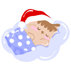 Cute Sleeping Child in Santa Hat, Christmas Dream Illustration, Cozy Winter Bedtime Art