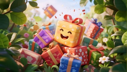 Colorful gift boxes with cheerful faces nestled among green foliage under a bright sky