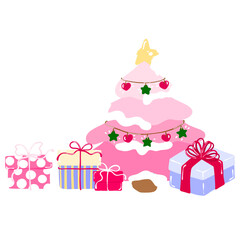 Pink Christmas Tree with Ornaments and Gifts, Cute Holiday Illustration, Pastel Winter Decoration Art