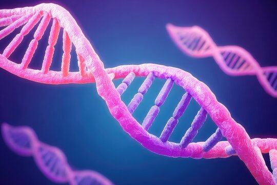 Pink and purple DNA helix strands against a dark blue background - Powered by Adobe