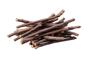 A pile of thin, dark-brown wooden sticks, clustered tightly