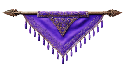 Purple triangular banner with ornate trim.  Bronze accents and tassels.  Mounted on a horizontal bar
