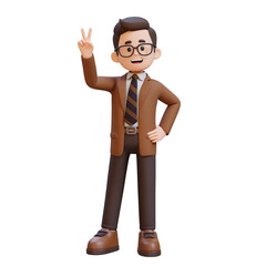 3D cartoon male teacher character Give a Peace Hand Sign