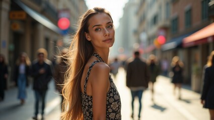 Fototapeta premium Elegant Fashion Model Walking on Stylish City Street