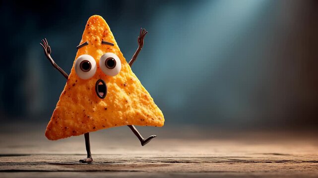 Animated triangular snack character joyfully expresses excitement and surprise, showcasing a playful dance sequence with lively gestures and vibrant colors, capturing the essence of fun and whimsy in