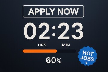 APPLY NOW with a countdown of 02:23 and 60% completion, promotional style, urgent hot jobs recruitment offer.