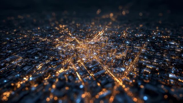 Medium shot highlighting a sharply focused luminous market center surrounded by softly blurred dim residential zones used to infer nighttime urban economic dynamics.