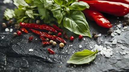 Flat lay captures basil chili peppercorns and sea salt with dark slate surface for food blogs recipe books restaurant menus and natural healthy gourmet cooking visuals concept