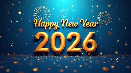 Happy New Year 2026 Gold Text with Fireworks on Blue Background