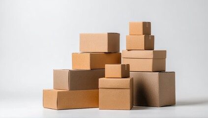 Fototapeta premium Several cardboard boxes of various sizes stacked against a plain white background