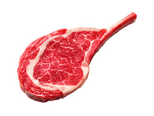 An impressive raw Tomahawk steak, a thick-cut bone-in ribeye. With its long bone and rich marbling, it's a showstopper for grilling and sharing.