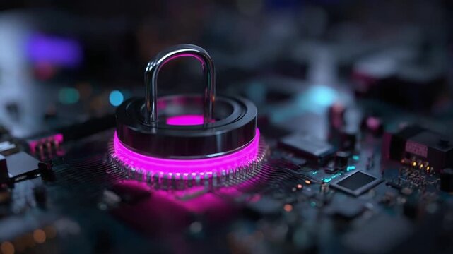 Padlock-shaped security lock on a computer motherboard, illuminated by a pink LED ring.