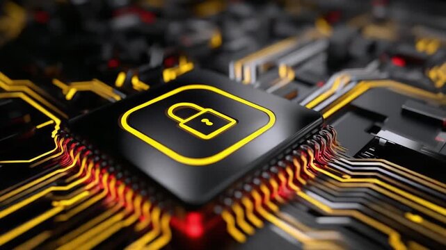 Close-up of a microchip with a glowing yellow lock icon, symbolizing hardware security and encryption.