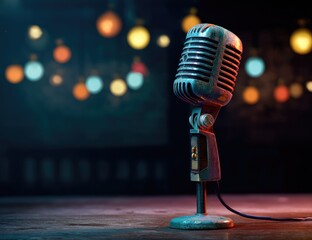 Vintage microphone on a dark stage.  Bokeh lights in the background