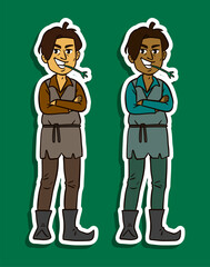 Young farmhand with straw in mouth arms crossed sticker illustration