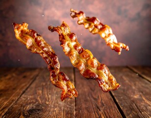 Crispy bacon slices in mid-air over rustic wood