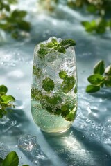 Refreshing mint drink in glass, ice cubes, and fresh mint sprigs
