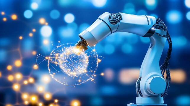 Robotic Arm Interacting with a Glowing Digital Network Sphere