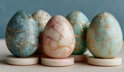 Five decorative eggs, cracked, pastel colors, gold accents