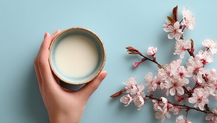 Hand holds small bowl of milk beside spring blossoms
