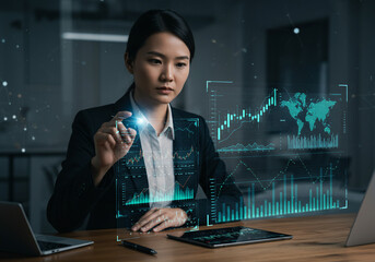 Asian businesswoman analyzes financial data on a holographic display with charts, graphs, and a world map, working in a modern office.