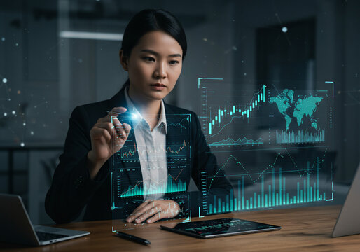Asian businesswoman analyzes financial data on a holographic display with charts, graphs, and a world map, working in a modern office.