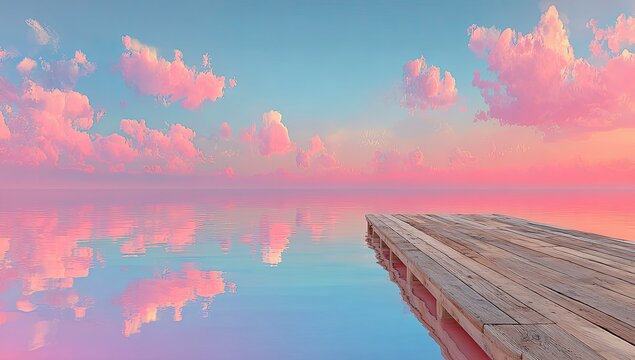 Pink-hued, serene dock at sunset - Powered by Adobe