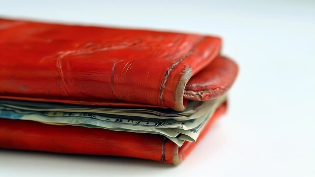 Red leather wallet stuffed with cash