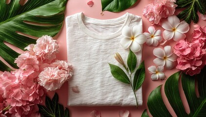 White tee amidst pink flowers and tropical leaves