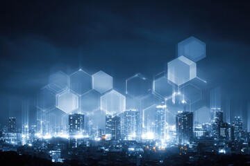 City skyline at night, overlaid with digital hexagon shapes
