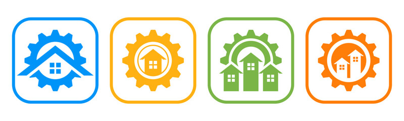 Set of gear with house icon vector symbol. Representing innovation, solution, and real estate