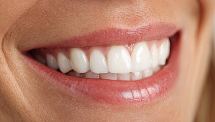 Obraz premium Close-up of a woman's mouth, showing a wide, healthy smile with perfectly white teeth. Pink lips are slightly glossy